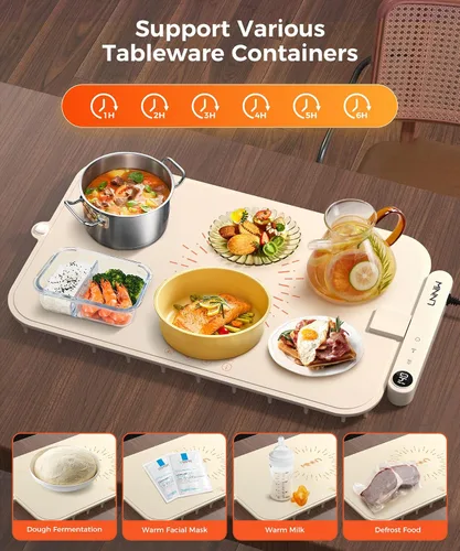 Vista 6 de Tapete impermeable para calentar alimentos, bandeja de calefacción eléctrica que cambia de color con control de temperatura de 6 niveles