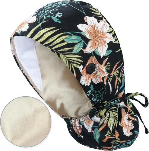 Vista 10 de QBA Gorra de trabajo ajustable con botón, gorro forrado de satén, gorro de trabajo de algodón, banda elástica para atar en la espalda, unisex