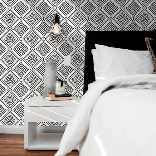 Vista 2 de Papel Tapiz Adhesivo Removible Blanco y Negro Geométrico Boho Papel de Contacto para Gabinetes Moderno Autoadhesivo Removible Papel Tapiz Cocina