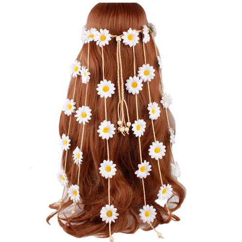 Vista 9 de WLBON Diadema de girasol de Halloween, hippie bohemio, margarita, diadema, corona, corona floral, diadema para mujer, boda, vacaciones, festival