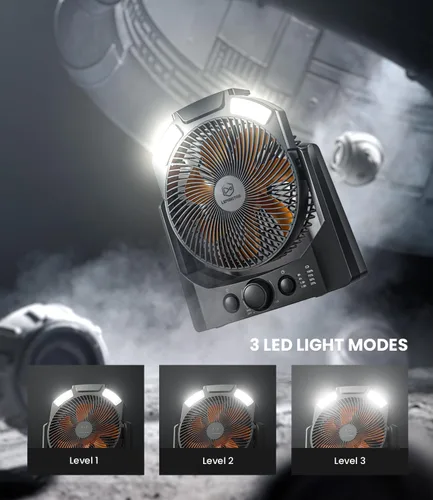 Vista 3 de Ventilador de campamento con linterna LED, ventilador de escritorio con pilas D de 8 pulgadas con temporizador, control de velocidad continuo