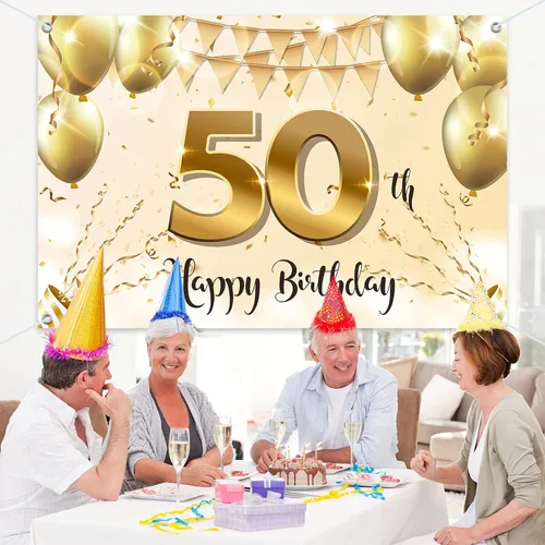 Vista 7 de HAMIGAR Fondo de pancarta de feliz cumpleaños 50 de 6 x 4 pies, decoraciones de cumpleaños de 50 años, suministros de fiesta para mujeres, oro blanco