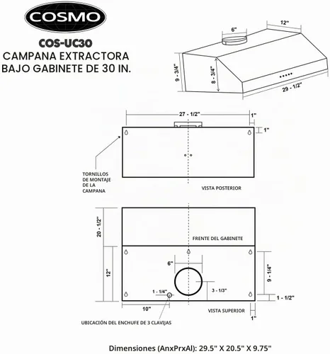 Vista 8 de COSMO UC30 Campana extractora con conductos debajo del gabinete de 29.5 pulgadas, ventilación sobre la estufa, ventilador de 3 velocidades, filtros