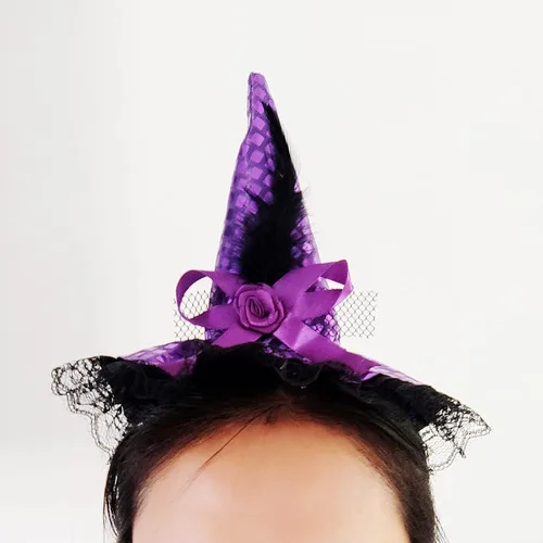 Vista 2 de 2 piezas de sombrero de bruja de Halloween diadema púrpura negro calcetines calcetines de plumas lentejuelas encaje diadema mujeres bruja bandas