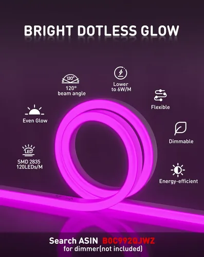 Vista 2 de luces LED de cuerda AC 120V, tira de neón eco de 120 LED/m sin puntos, conectable y cortable, impermeable ETL IP65 y resistente al clima