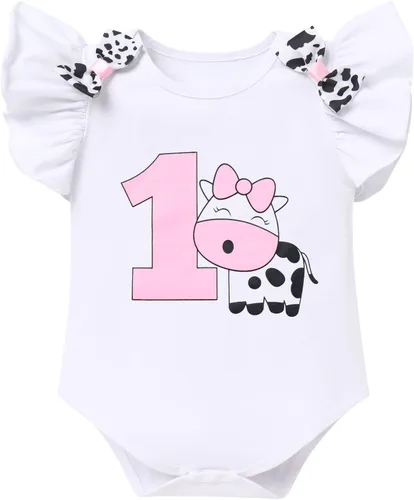 Vista 2 de ODASDO Mameluco con tutú para bebé niña y niña, con temática de vaca, 1, 2, 3 cumpleaños, fiesta, pastel, para niños pequeños