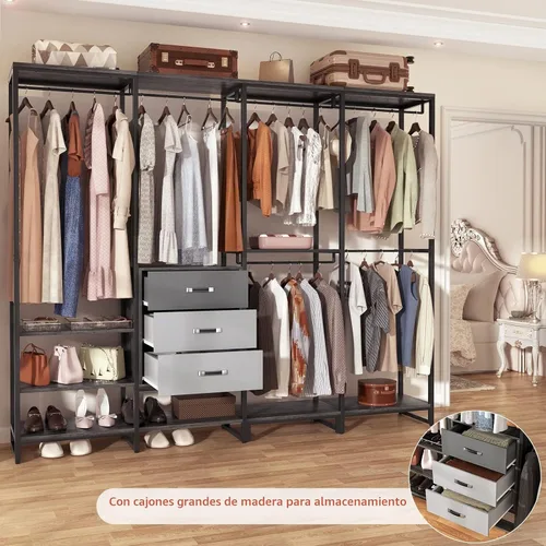 Vista 4 de Aheaplus Organizador de Closet de Madera para Colgar Ropa, Perchero de Ropa Resistente, Sistema de Closet en Esquina en Forma de L Grande con 3