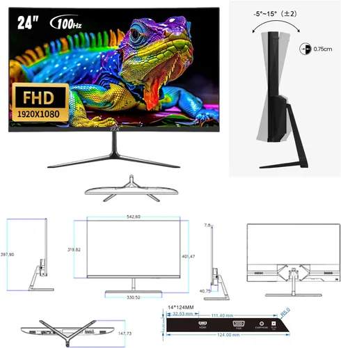 Vista 7 de ZZA - Monitor de 24 pulgadas 100HZ, 1080p, monitor de juegos curvo 2800R, VA 120% sRGB, FreeSync, sin marco en tres lados, filtro de luz azul