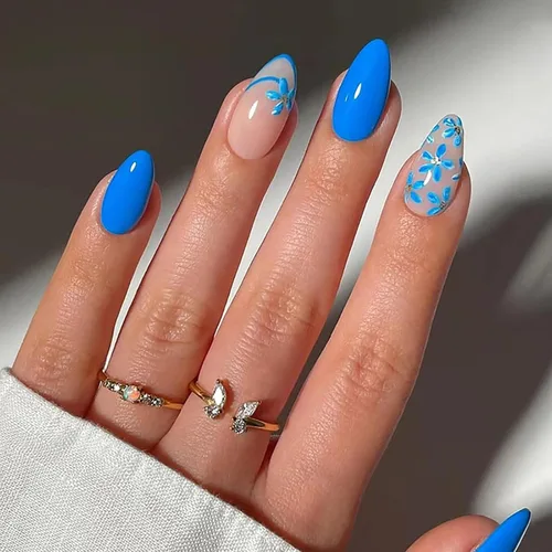 Vista 13 de Uñas postizas cortas en forma de almendra SWEKKE con punta francesa, uñas falsas con diseños de flores 3D en amarillo y rosa, uñas adhesivas