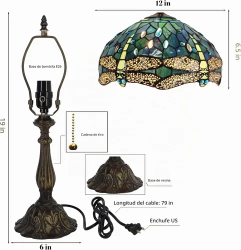 Vista 3 de Tiffany Table Lamp Stained Glass Bedside Reading Light W12H19 inch