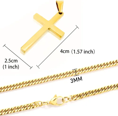Vista 2 de Collar de cruz para hombre, collar con colgante de cruz lisa de acero inoxidable plateado y dorado para hombre, cadena cubana de 18 a 26 pulgadas
