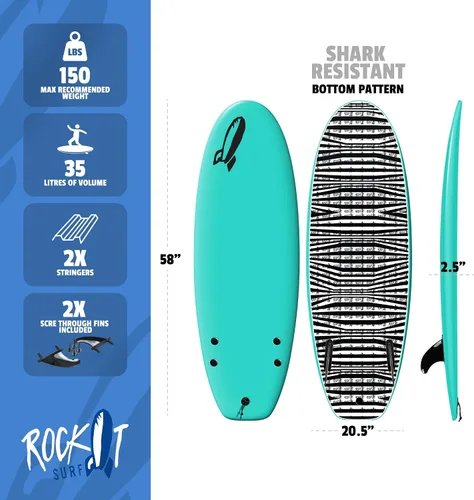 Vista 2 de Rock-It - Tabla de surf CHUB Soft Top de 4 pies y 10 pulgadas, para niños y mini, fácil de remar y maniobrable para principiantes Amarillo