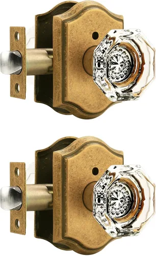 Vista 43 de Gobrico Juego de pomos de puerta de vidrio transparente para interiores, cerradura de puerta de cristal de diamante de privacidad en latón antiguo