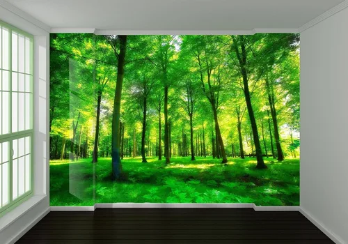 Vista 2 de Papel tapiz fotográfico 3D de bosque de pastizales verdes, papel tapiz de paisaje cercano a la naturaleza, decoración de pared para sala de estar
