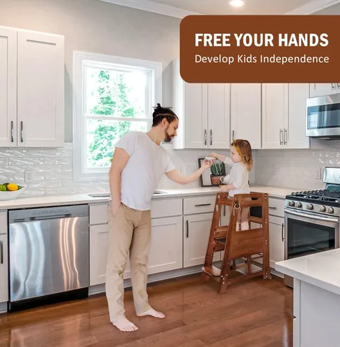 Vista 2 de TOETOL Taburete de bambú para niños, taburete de cocina de aprendizaje de torre de pie para encimera de cocina de 3 alturas ajustables con pizarra