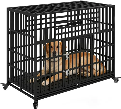 Vista 9 de Jaula indestructible para perros de 44 pulgadas, resistente a escapes, con techo puntiagudo para perros grandes y medianos de alta ansiedad, jaula