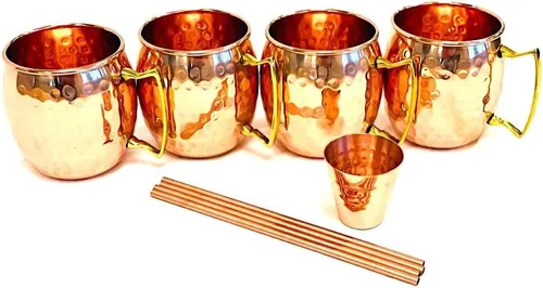 Vista 3 de Moscow Mule - Juego de 4 tazas de cobre + 4 pajitas de cobre reutilizables + 4 posavasos + 1 taza de doble tiro con hermosa caja de regalo, taza