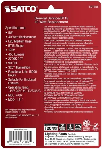 Vista 3 de Satco S21855 - Bombilla LED BT15 de 5 W, color blanco, base media, 2700 K, 450 lúmenes, 120 voltios