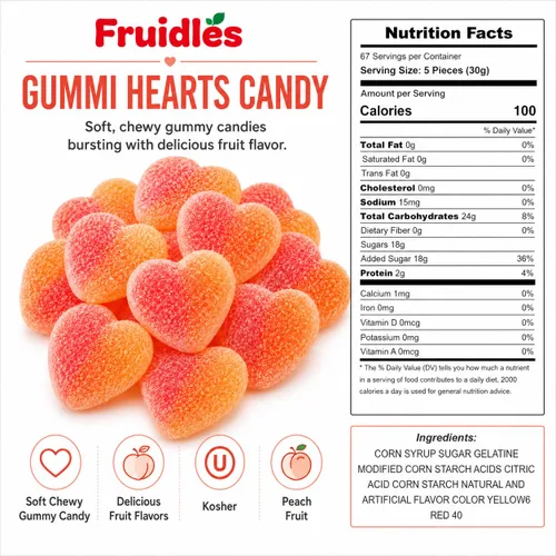 Vista 2 de Fruidles Valentine'S Candy Peach Gummy Hearts Candy, deliciosos sabores de frutas, sabor a fiesta (1 libra)