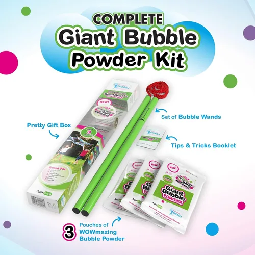 Vista 2 de WOWmazing Kit de polvo de burbujas gigantes: incluye varita de burbujas grande y 3 paquetes de polvo de burbujas grandes (hace 3 galones) Juguete