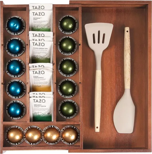Vista 9 de KitchenEdge Organizador de cajón de cocina para bolsitas de té y cápsulas de café, expandible de 9.7 a 17 pulgadas, 10 compartimentos de Negro Bambú