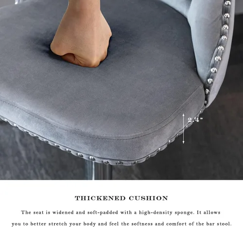 Vista 228 de SoarFlash Juego de 2 taburetes de bar tapizados de terciopelo moderno con patas de madera, botones acolchados, cabeza de clavo cromada, asiento