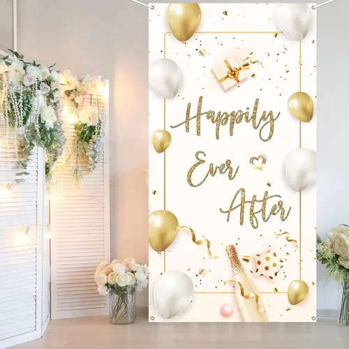 Vista 7 de INNORU Decoración de pancarta de puerta con texto en inglés "Happily Ever After", decoración de cubierta de puerta de fiesta de boda, letrero