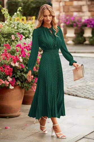 Vista 5 de PRETTYGARDEN Vestido midi de otoño 2024 para mujer, casual, manga larga, cuello en V, lunares suizos, plisado, acampanado, vestidos fluidos