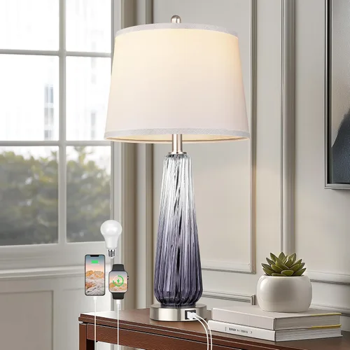 Vista 10 de Lámparas de mesa de vidrio para sala de estar, lámparas de noche modernas con puertos USB A+C, lámpara de mesita de noche de control táctil