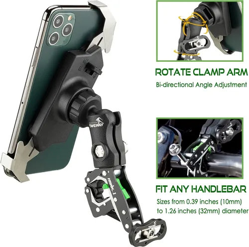 Vista 3 de Clampod HAWK1-PH05 - Soporte para teléfono, base de abrazadera para manillar de motocicleta y varios vehículos, ajustable, estable, brazo de doble