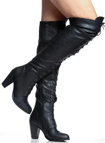 Vista 2 de Forever - Botas de equitación para mujer, tacón grueso, con cordones, botas arriba de la rodilla.