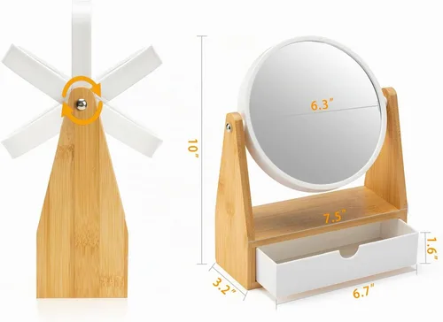 Vista 6 de YEAKE Espejo de maquillaje de tocador con soporte de bambú natural, espejo de aumento de doble cara 1X/3X con cajón, espejo portátil de mesa pequeño