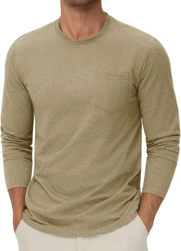 Vista 15 de Cotrasen Camisetas de manga larga para hombre, de algodón, cuello redondo, absorben la humedad, suaves, casuales, con bolsillo