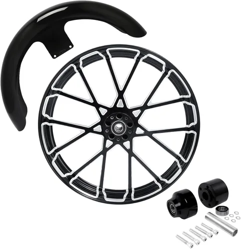 Vista 94 de TCMT Llanta de rueda delantera de 21", buje de rueda de brida de doble disco con guardabarros delantero negro sin pintar, compatible con modelos