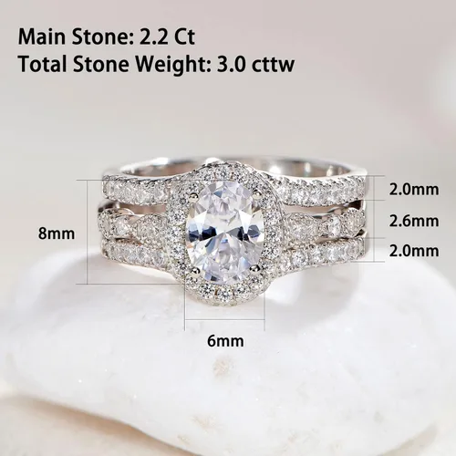 Vista 2 de Newshe Jewellery Juego de anillos de compromiso ovalados para mujer AAAAA con circonita cúbica 925 de plata de ley 925, juego de anillos de novia