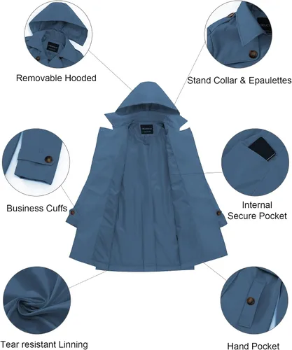 Vista 5 de CREATMO US - Gabardina clásica con solapa de doble botonadura para mujer, sobretodo ceñido con cinturón y capucha desmontable