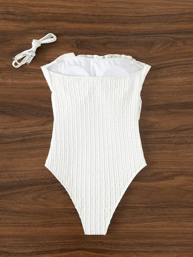 Vista 3 de MakeMeChic Women's Ruffle Trim Eyelet Bandeau One Piece Swimsuit Tube Bathing Suit with Straps