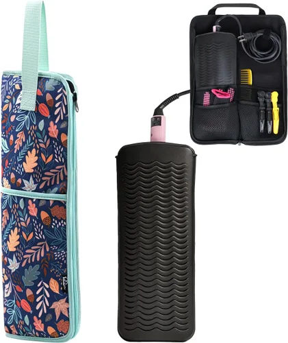 Vista 7 de WK IEASON 2 piezas de funda de plancha plana para el cabello, bolsa de lona, resistente al calor, rizador de silicona, para herramientas de cabello