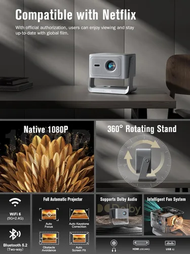 Vista 3 de 【Ahora con Netflix y 3000 ANSI】Proyector inteligente 4K con WiFi y Bluetooth, VISSPL 3D Dolby Audio y Auto Focus Proyector portátil para exteriores