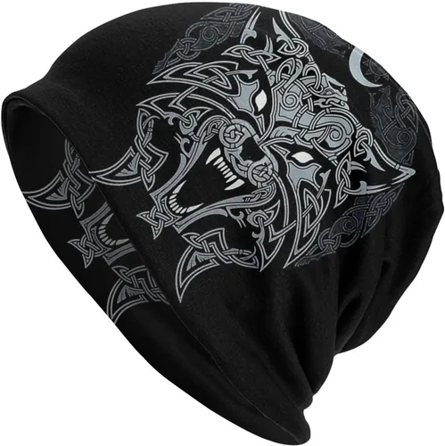 Vista 2 de Gorro de lana vikingo celta para hombre, diseño de mito nórdico Fenrir 3D, gorro de punto fino cálido para exteriores