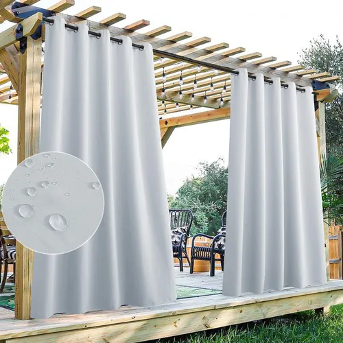 Vista 22 de StangH Cortinas para exteriores beige impermeables, tela gruesa, bloqueo de luz, cortinas opacas para patio con ojales en la parte superior
