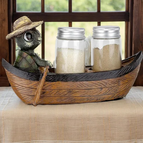 Vista 6 de Turtle in Rowboat - Juego de salero y pimentero, decoración de cocina náutica costera, figura de tortuga con 2 tarros de especias de vidrio