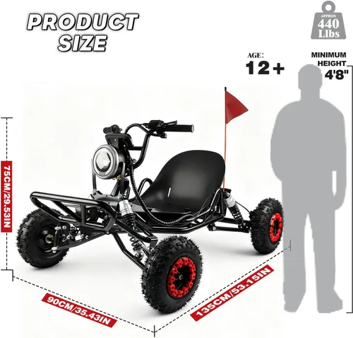 Vista 2 de Go Kart eléctrico, Go Kart con motor de 2000 W para adultos y niños con marco tubular de acero de alta calidad, kart todoterreno de 3 velocidades
