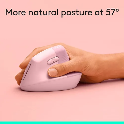 Vista 3 de Logitech Lift - Mouse óptico, ergonómico y vertical, uso inalámbrico, por Bluetooth o con receptor Logi Bolt USB, clics silenciosos, 4 botones, Rosa
