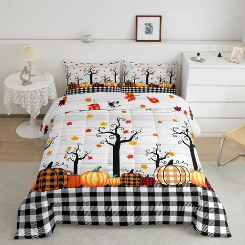 Vista 16 de Juego de edredón de calabaza de otoño, tamaño individual, juego de ropa de cama de hojas de arce para niños y niñas, cosecha de otoño, fruta