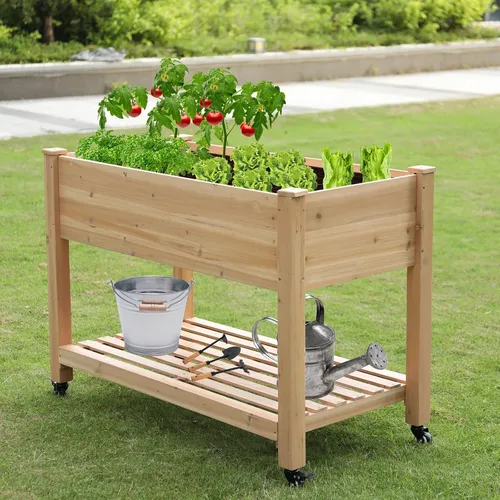 Vista 3 de Cama de jardín elevada con ruedas – Camas elevadas elevadas con almacenamiento, macetas de jardín de madera para regalo de jardinería para madre