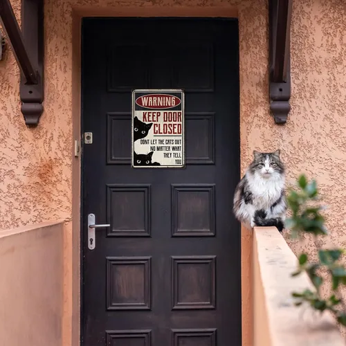 Vista 5 de SUPERDANT Letrero de metal con texto en inglés «Keep Door Closed Don't Let The Cats Out», letrero de aluminio vintage, regalo para amantes