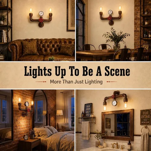 Vista 7 de MQ Lámpara de pared de tubería de agua, accesorios Steampunk, 2 luces, montaje en pared, enchufe E26, lámpara de pared rústica vintage para baño