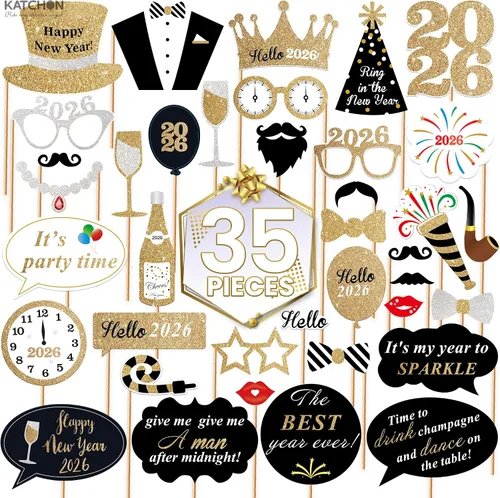 Vista 2 de Katchon, Accesorios para cabina de fotos de Año Nuevo con purpurina – Paquete de 35 Accesorios de cabina de fotos NYE para suministros de fiesta