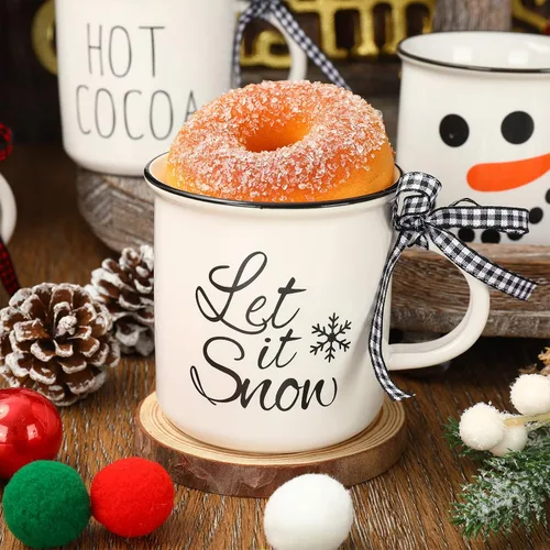 Vista 3 de Whaline 6 mini tazas de café de invierno con cinta para decoración de bandeja escalonada, muñeco de nieve blanco para invierno, Navidad, centros